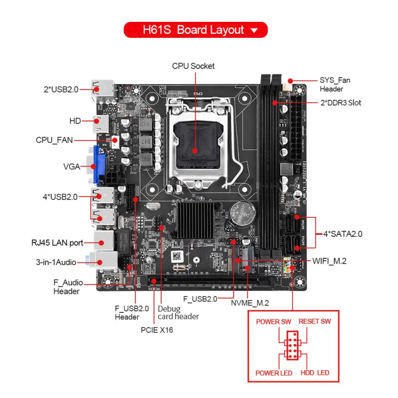 Chipset motherboard H61S Mainboard Board with LGA 1155 socket NVME M.2 WiFi SATA3.0 motherboards
