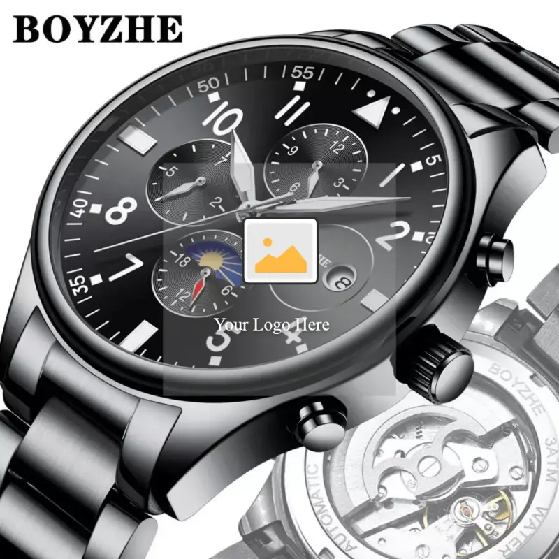 BOYZHE luxury reloj montre stainless steel men wristwatches automatic mechanical watch