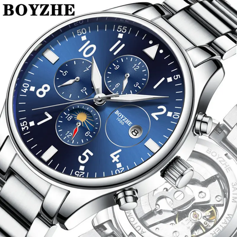 BOYZHE luxury reloj montre stainless steel men wristwatches automatic mechanical watch