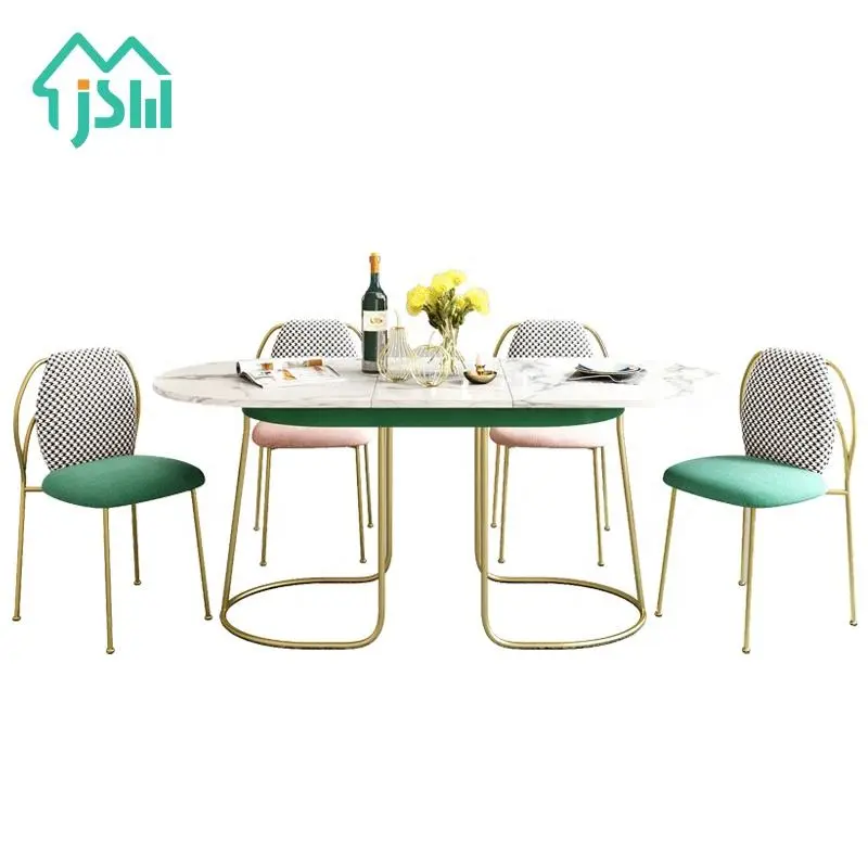 Art Design Extendable Metal Legs Italian White Marble Dining Table and 6 chair set