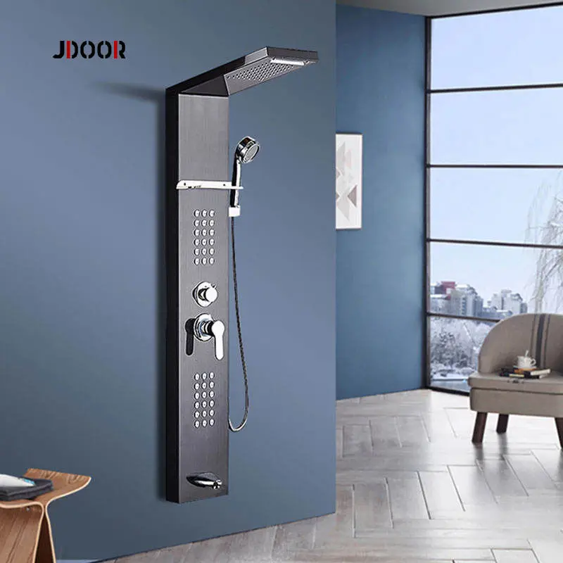 JDOOR Shower Panel Stainless Steel Wall Mounted LED Black Shower Column Set Bathroom Massage Shower Wall Panel Column Tower