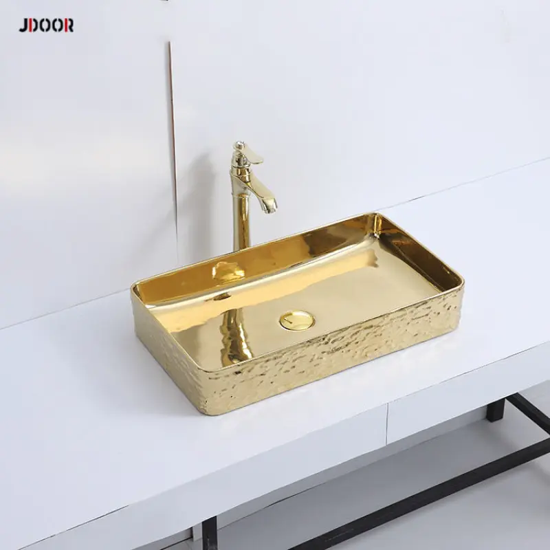 Luxury electroplate rectangular ceramic hand wash basin gold bathroom sink