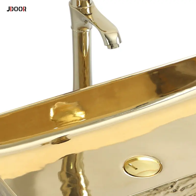 Luxury electroplate rectangular ceramic hand wash basin gold bathroom sink