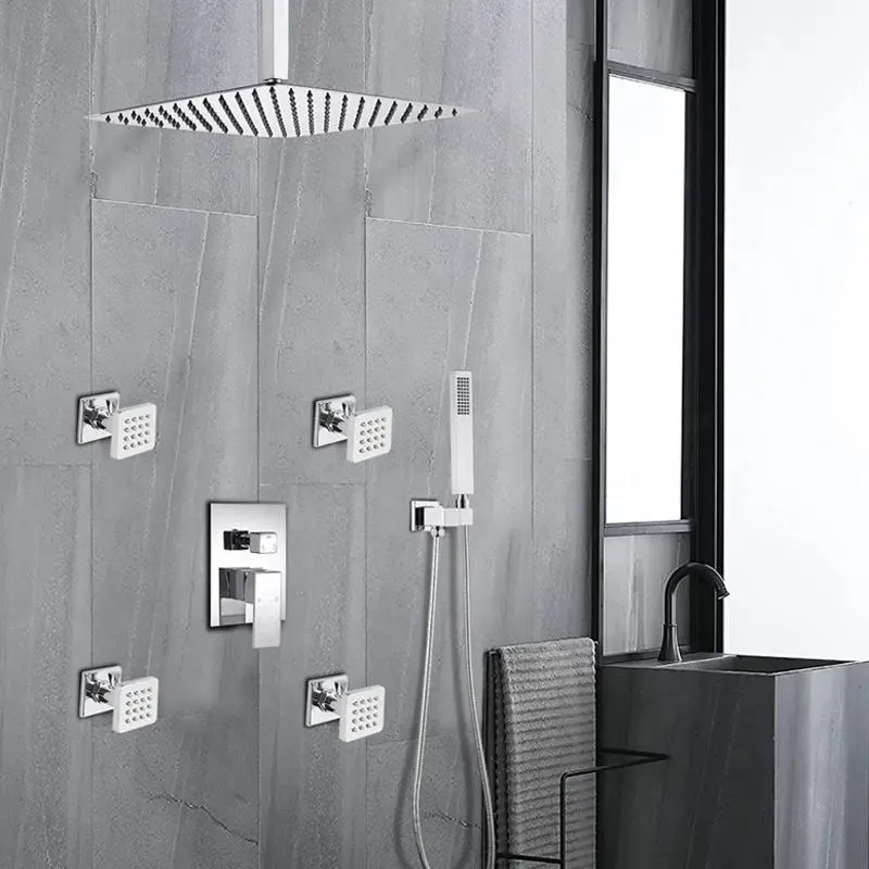 Black in wall mounted Bathroom taps brass kits rain rainfall showerset mixer faucet set bathroom fixtures