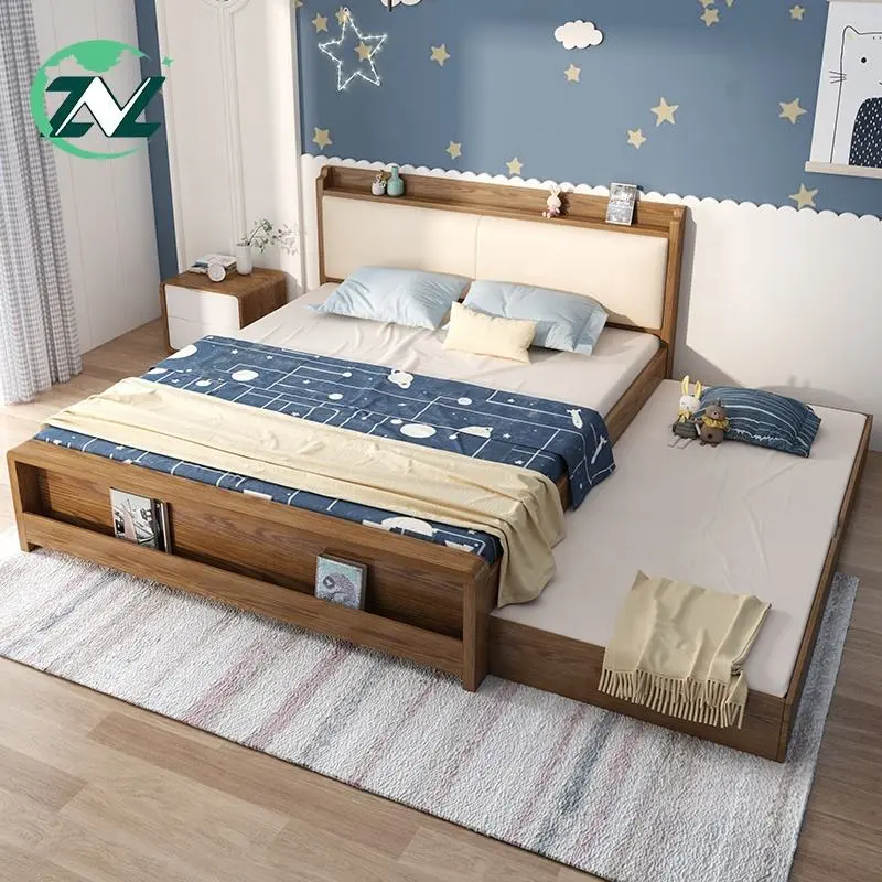 Convertible Wooden Bed Movable Spare Bed With Drawers Headboard Shelf Extendable Bed Set