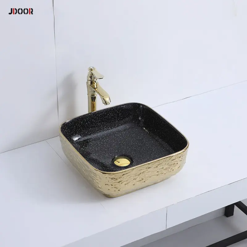 Luxury style square shape bathroom sink gold color vessel sink hand wash basin