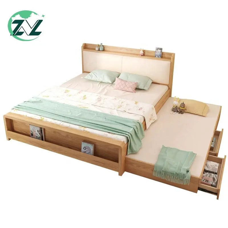 Convertible Wooden Bed Movable Spare Bed With Drawers Headboard Shelf Extendable Bed Set