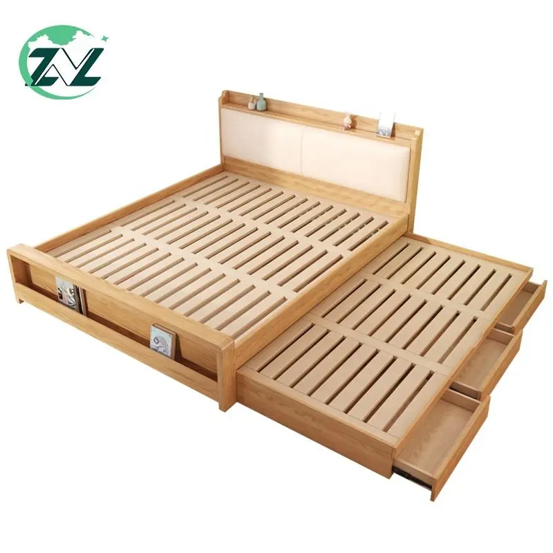 Convertible Wooden Bed Movable Spare Bed With Drawers Headboard Shelf Extendable Bed Set