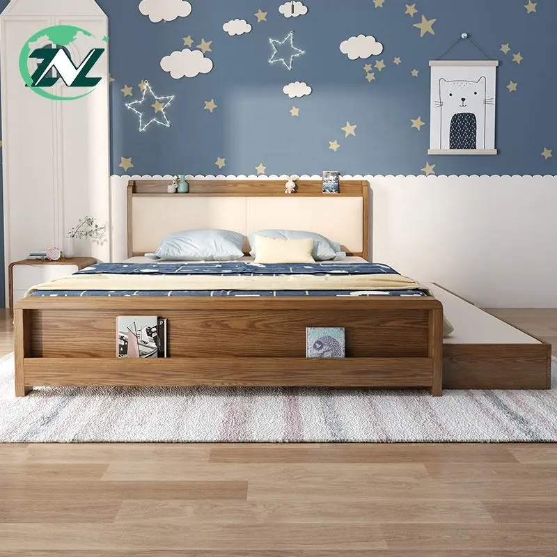 Convertible Wooden Bed Movable Spare Bed With Drawers Headboard Shelf Extendable Bed Set