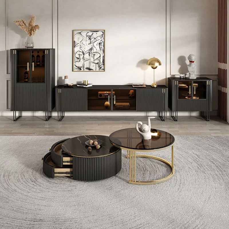 Luxury Coffee Tables Round Living Room Tables Black Marble Glass Modern Luxury Coffee Tables