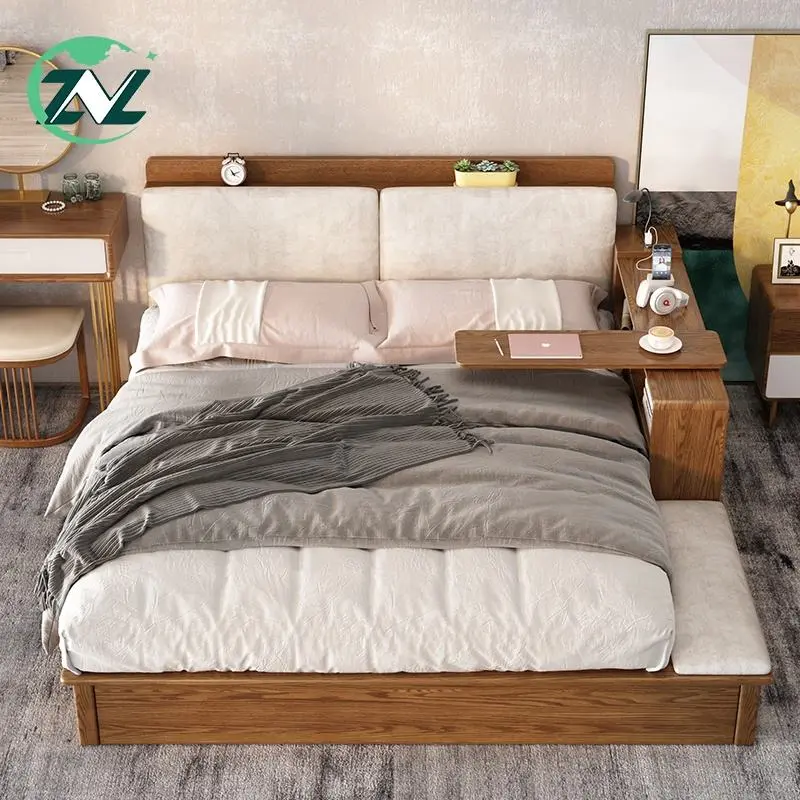 Multi-purpose Bed With USB Socket Lift Up Board Wooden Ottoman Storage Bed