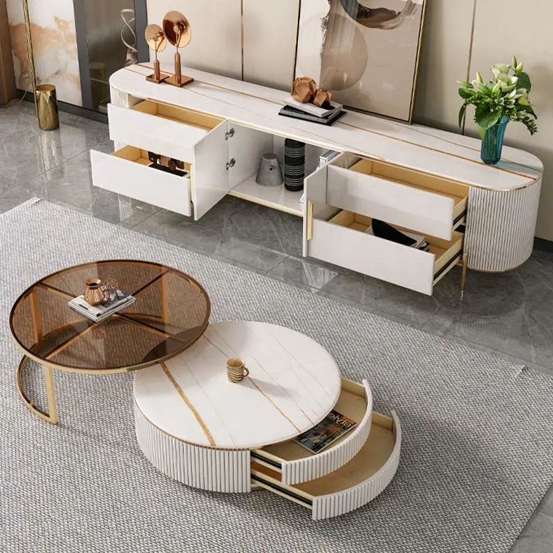 Luxury Marble Tables Round Multifunction Nordic Wrought Iron Marble Table and TV Stand set