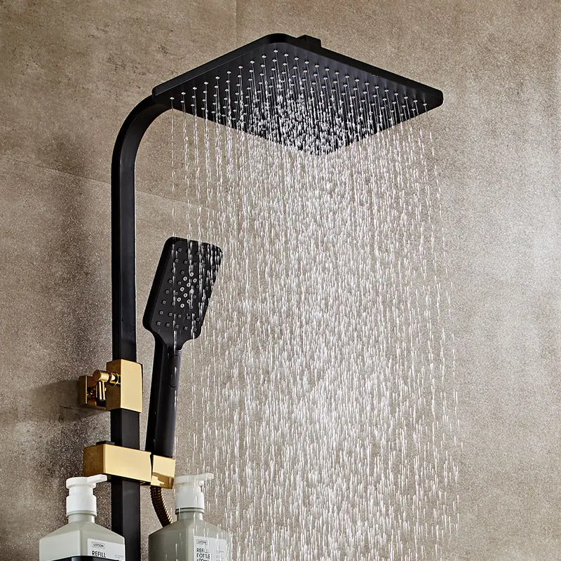 Thermostatic shower set wall-mounted black gold square button shower set with round handle