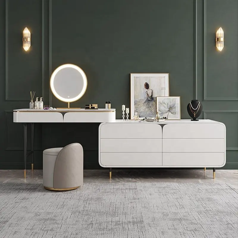 Luxury Vanity Dresser Set Slate Bedroom Designs Metal Table With LED Mirror Table Dresser Dressing