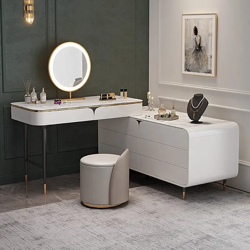 Luxury Vanity Dresser Set Slate Bedroom Designs Metal Table With LED Mirror Table Dresser Dressing