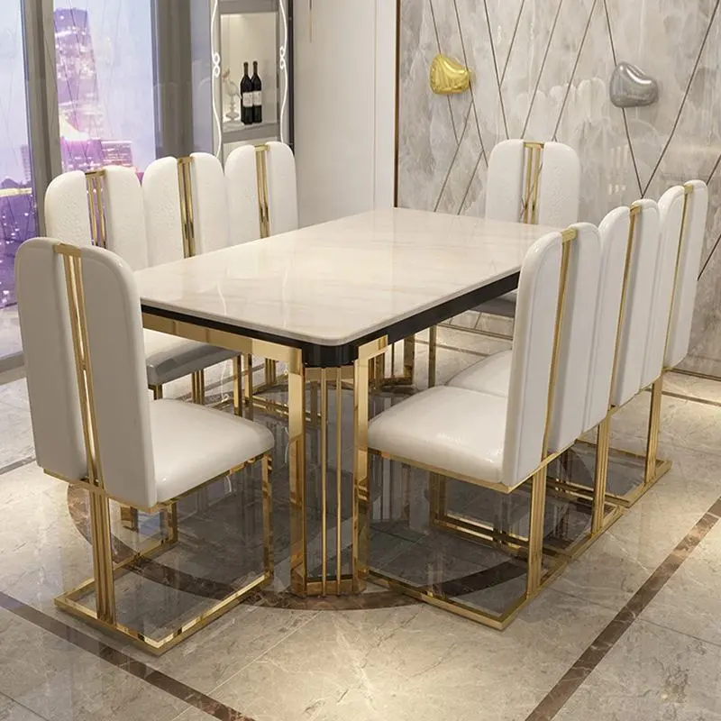 Luxury Marble Stainless Steel Dinning Table Set - 6 Seater