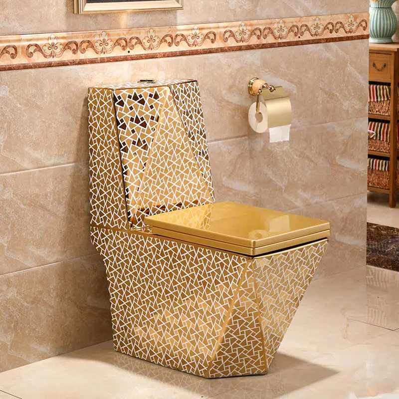 Luxury bathroom golden wc commode toilet bowl ceramic sanitary ware one piece diamond shape gold plated toilet