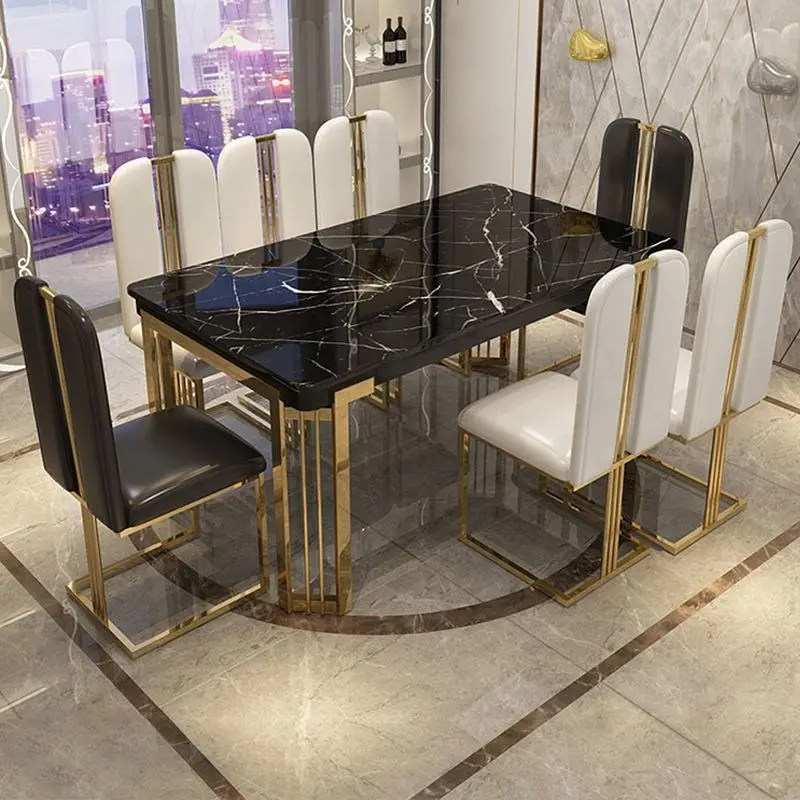 Luxury Marble Stainless Steel Dinning Table Set - 6 Seater