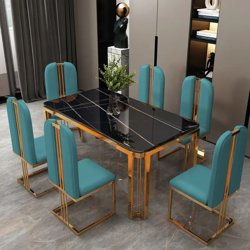 Luxury Marble Stainless Steel Dinning Table Set - 6 Seater