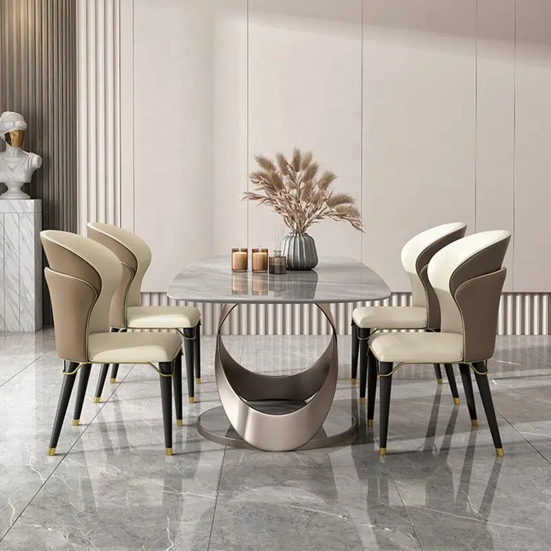 Luxury Dinning Table Set Italian Simple Style Table And Chairs Marble Stainless Steel Frame Dining Room Table