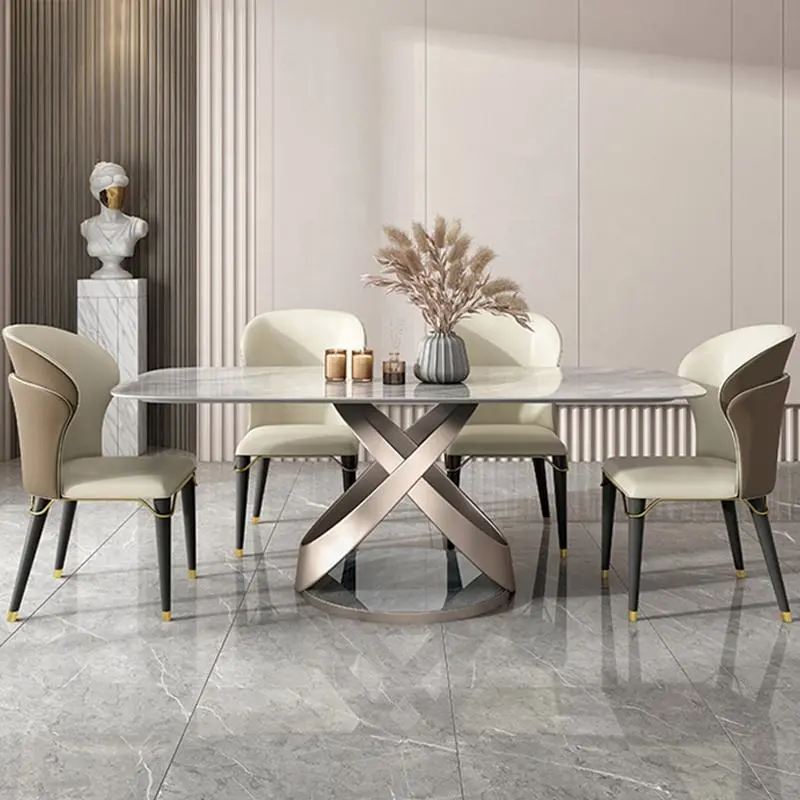 Luxury Dinning Table Set Italian Simple Style Table And Chairs Marble Stainless Steel Frame Dining Room Table