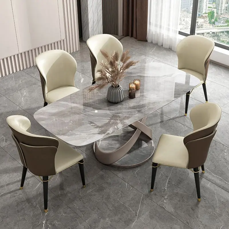Luxury Dinning Table Set Italian Simple Style Table And Chairs Marble Stainless Steel Frame Dining Room Table