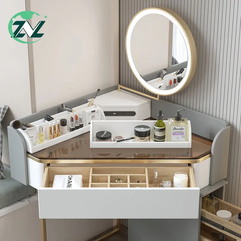 Bedroom Set Tempered Glass Top Vanity Table Corner Wooden Dressing Table Designs Makeup Table Set With Mirror