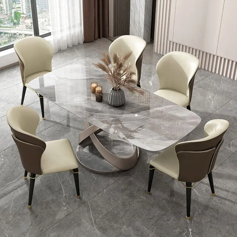Luxury Dinning Table Set Italian Simple Style Table And Chairs Marble Stainless Steel Frame Dining Room Table