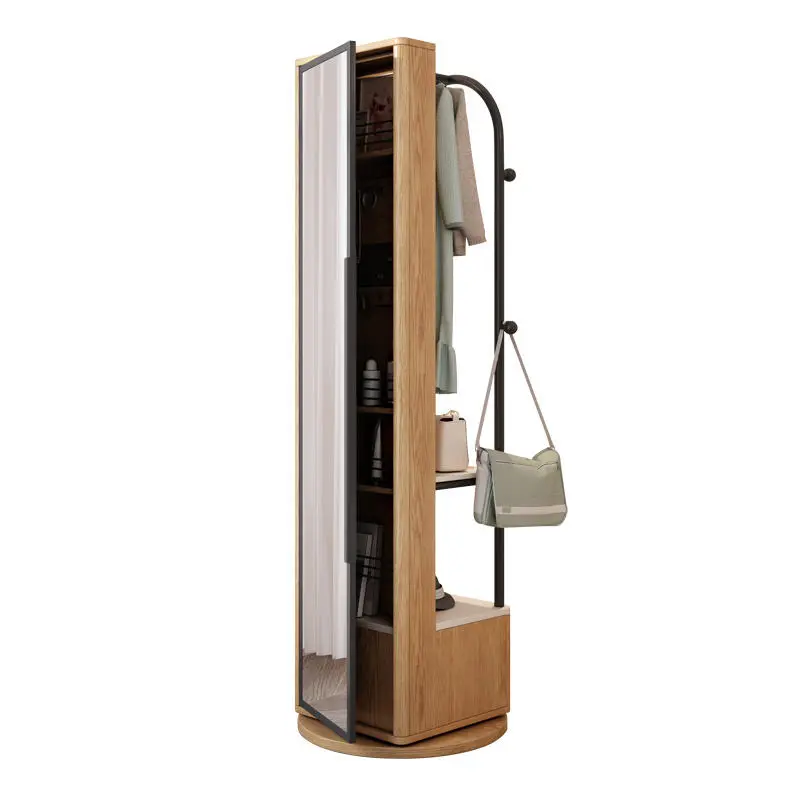 Full-Length Standing Mirror Hallstand Rotatable Wooden Clothes Rack Cabinet