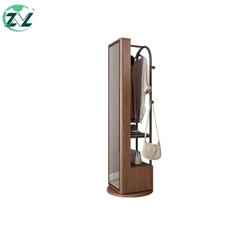 Full-Length Standing Mirror Hallstand Rotatable Wooden Clothes Rack Cabinet