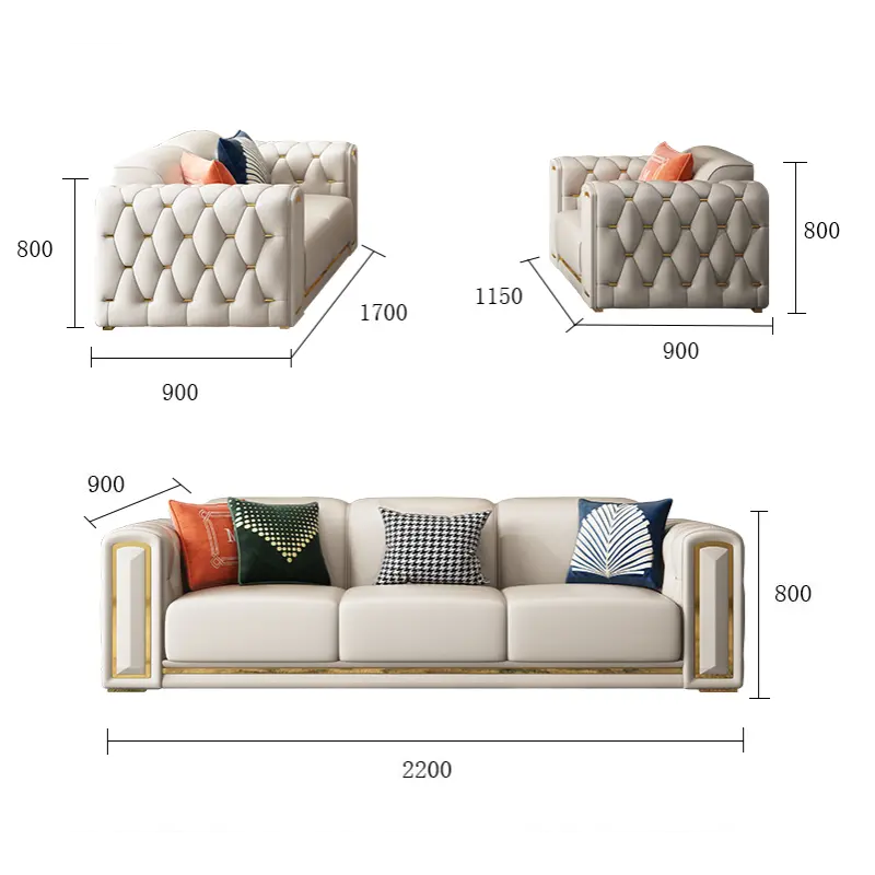 Luxury design sectional 1 2 3 seater leather tufted sofa set modern u shape living room furniture