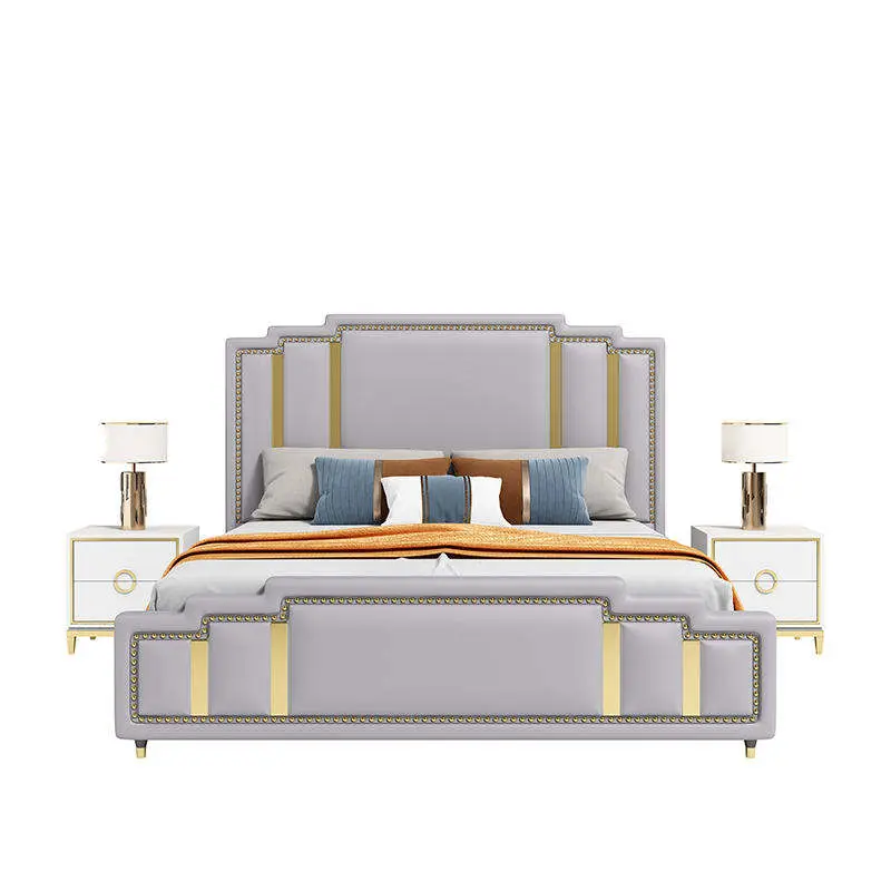 Gold stainless steel frame leather headboard king size home or hotel soft and modern upholstered beds