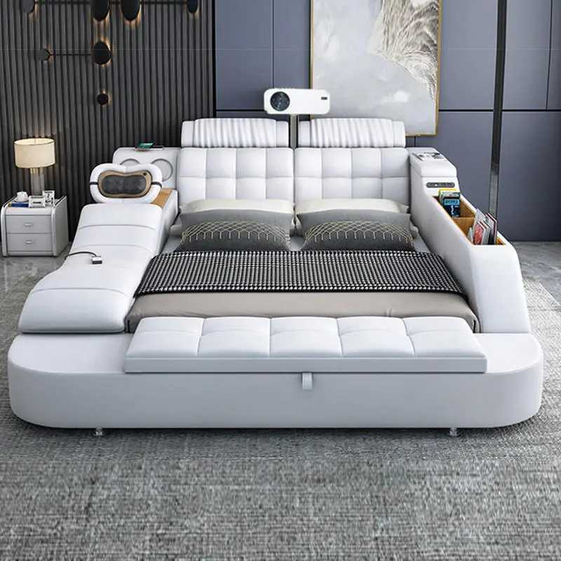 Modern White Master Bedroom Furniture Leather Bed with Speaker USB Charger Massage Bed Queen Size
