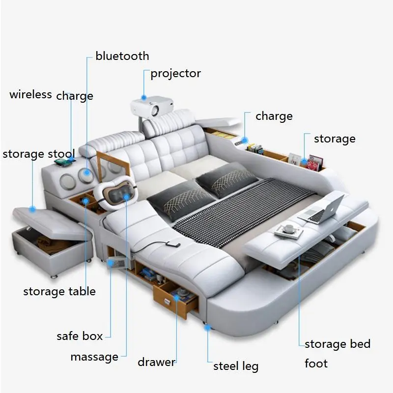 Modern White Master Bedroom Furniture Leather Bed with Speaker USB Charger Massage Bed Queen Size