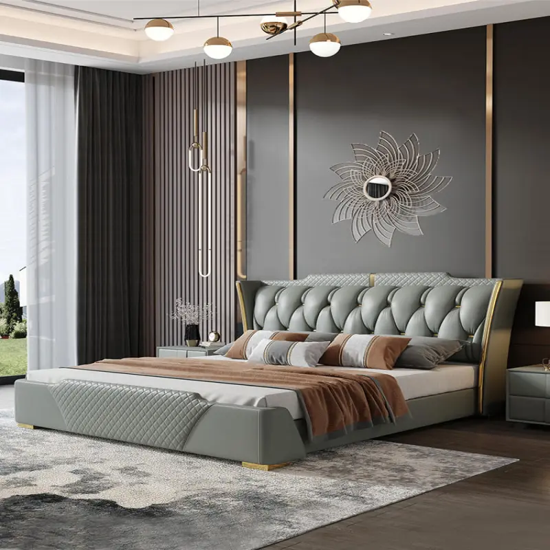 Solid wood frame mdf board luxury multi-function single double queen king leather bed with storage