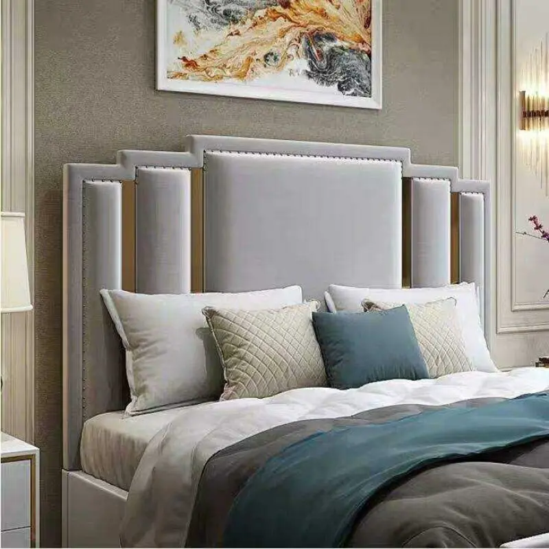 Gold stainless steel frame leather headboard king size home or hotel soft and modern upholstered beds