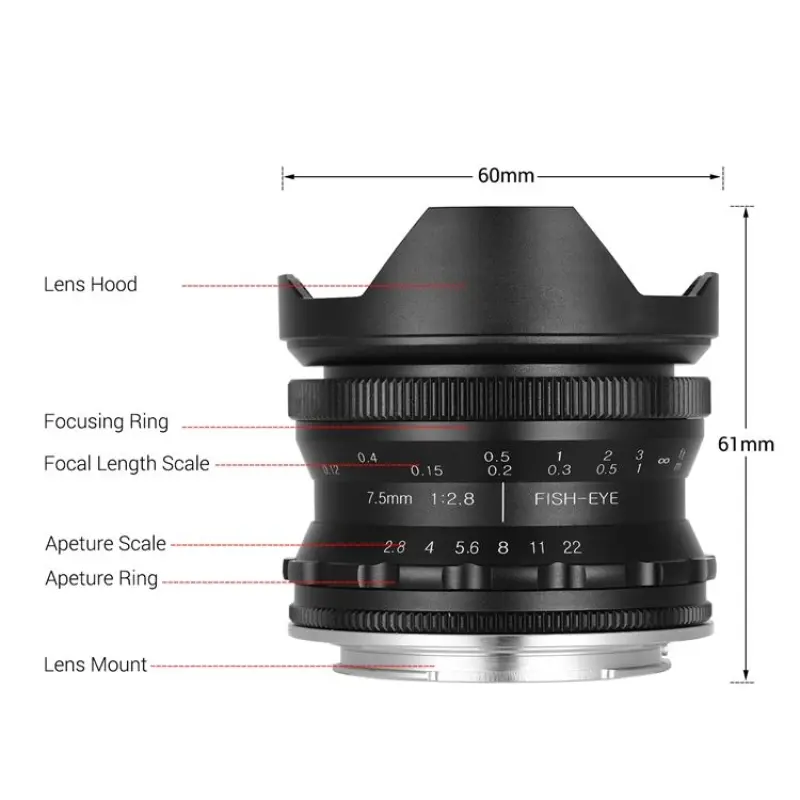 7.5mm F2.8 Manual Focus Fisheye Lens Ultra Wide Angle Large Aperture E-Mount Lens for Sony APS-C Frame