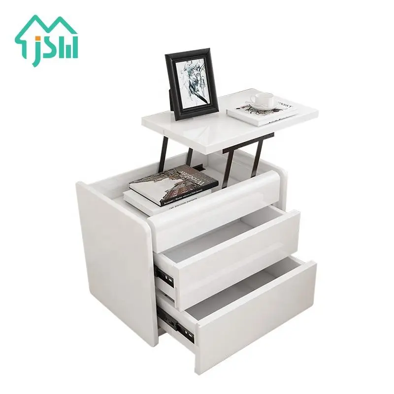 Jasiway modern furniture design MDF bedside table two drawers lifting luxury white night stand