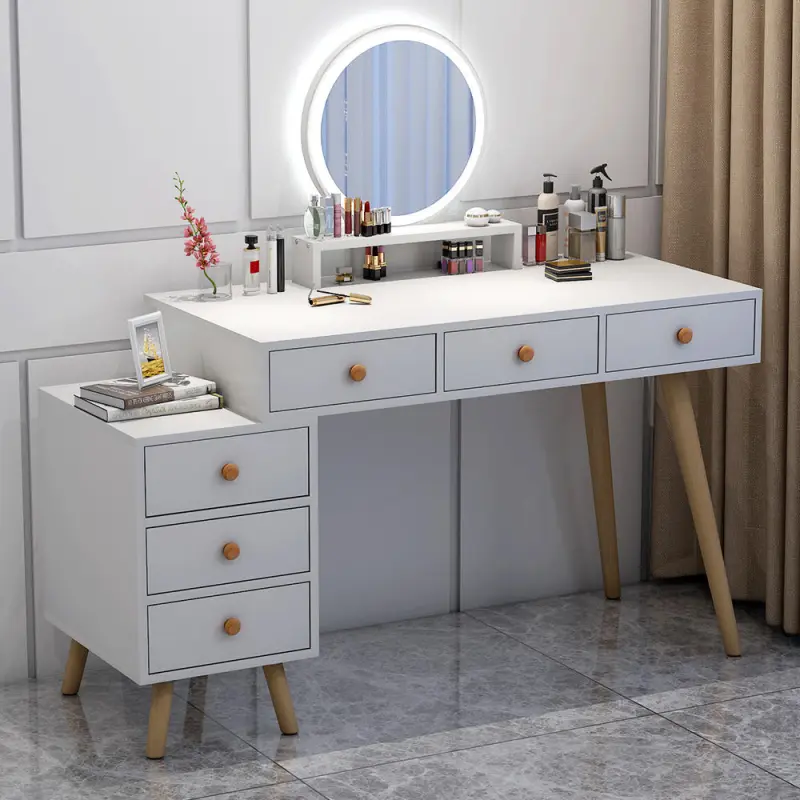 MDF bedroom LED light make up drawer dresser with mirror solid wood legs