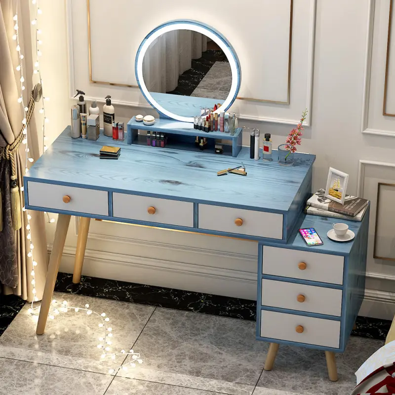 MDF bedroom LED light make up drawer dresser with mirror solid wood legs