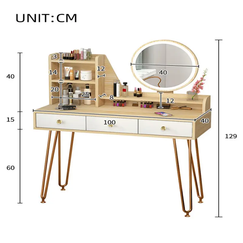 Bedroom furniture with LED light dressing table mirror with metal legS