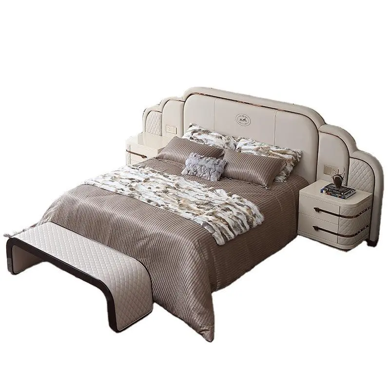 Italian modern luxuries design king size upholstered genuine leather bedroom bed