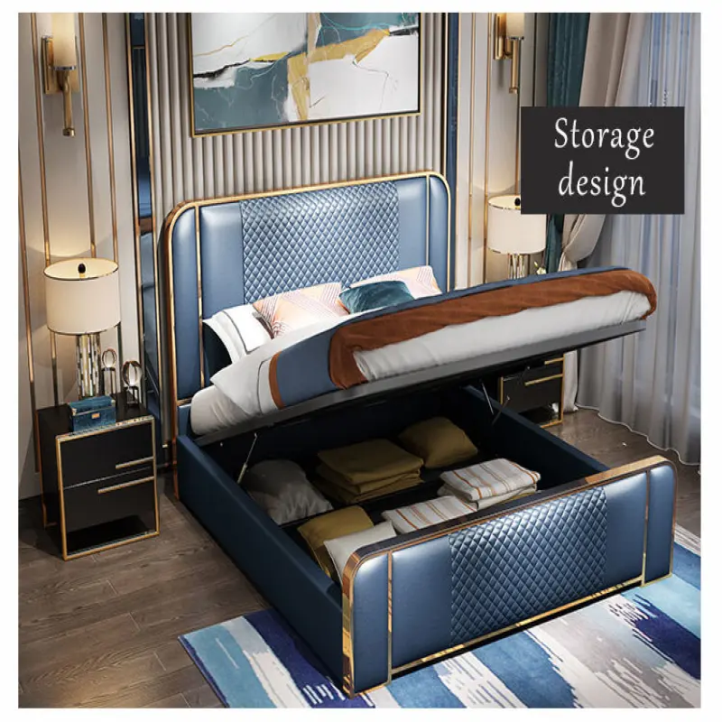 Home storage upholstered metal bed frame modern room furnitures luxury king queen size