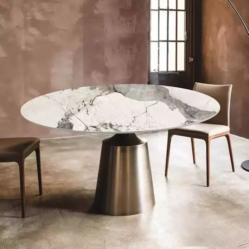 Italian Luxury Dining Room Furniture Simplicity round Marble Top Dining Table Stainless Steel Table with Brushed Brass Color