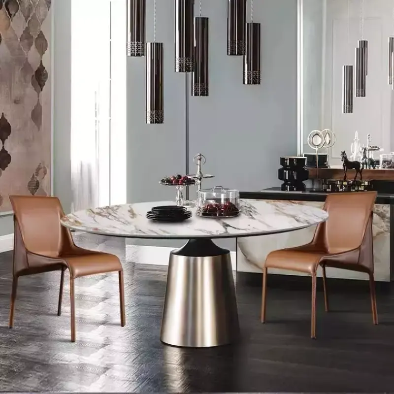 Italian Luxury Dining Room Furniture Simplicity round Marble Top Dining Table Stainless Steel Table with Brushed Brass Color