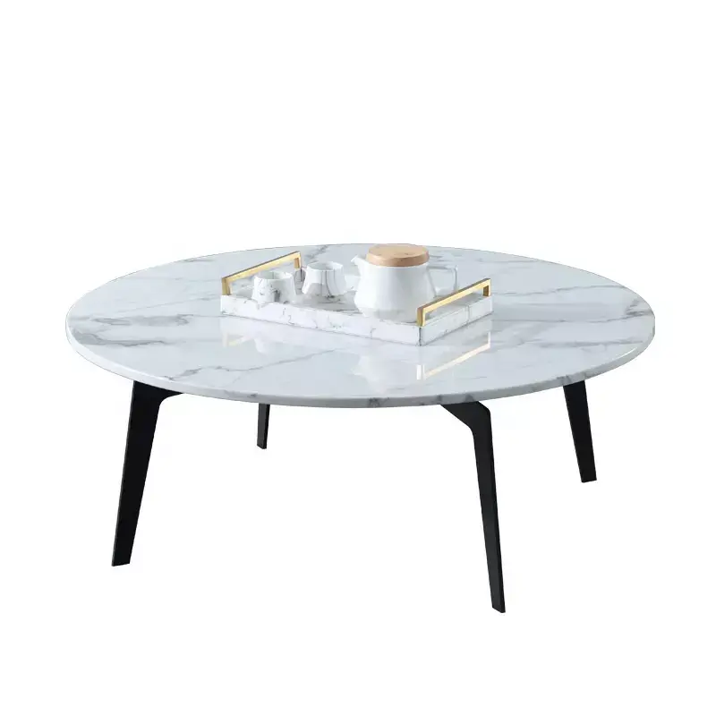 Modern marble coffee table living room furniture round table black Metal leg tea table