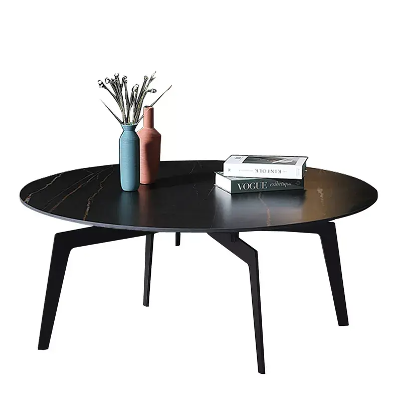 Modern marble coffee table living room furniture round table black Metal leg tea table