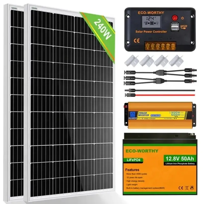 Eco-worthy 240W 12V Off Grid Solar System Solar Kit with Lithium Battery Complete Solar System for RV Marine Outdoor Cabin Roof