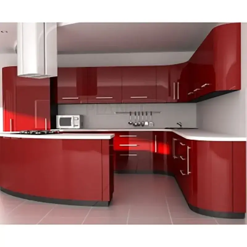 Contemporary Curved Shaped Ready to Assemble red Lacquer Kitchen Cabinets with Island