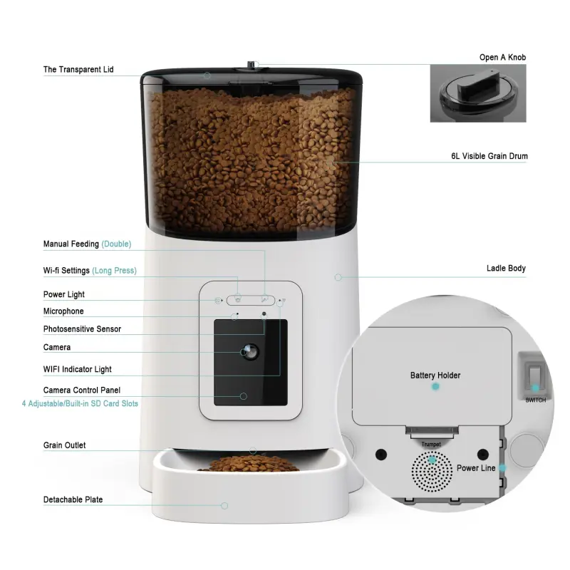 1080P ABS Automatic Pet Feeder 110-240V Charge &amp; Battery Pet Feeder With Camera